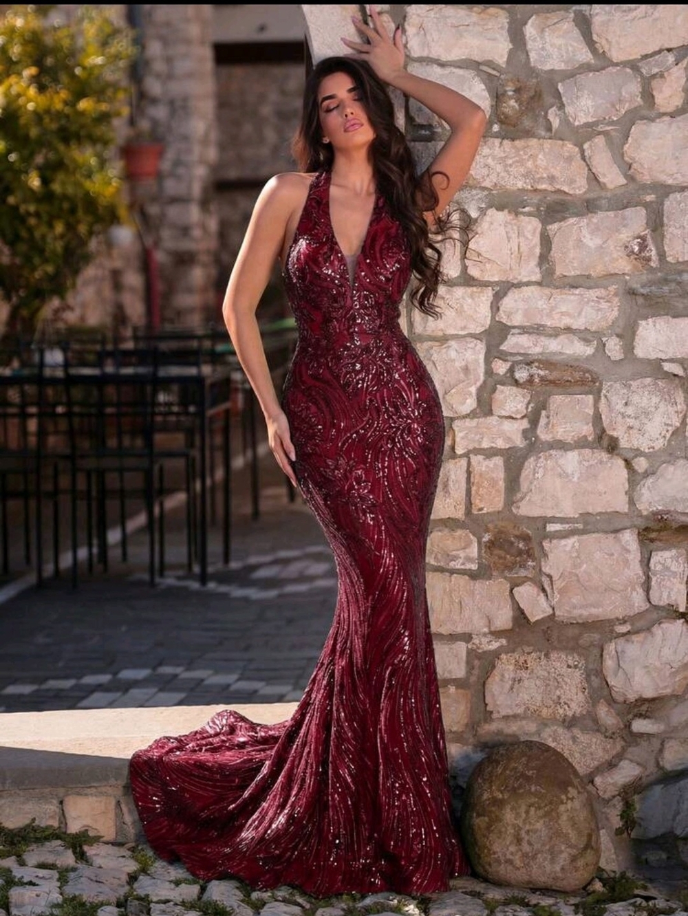 Sleeveless Burgundy Sequin Halter Prom Gown - Picture 3 of 16